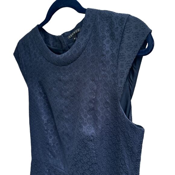 Theory Embroidered Navy Blue Cap Sleeve Dress Size 10 Textured Formal Dressy - Picture 7 of 11